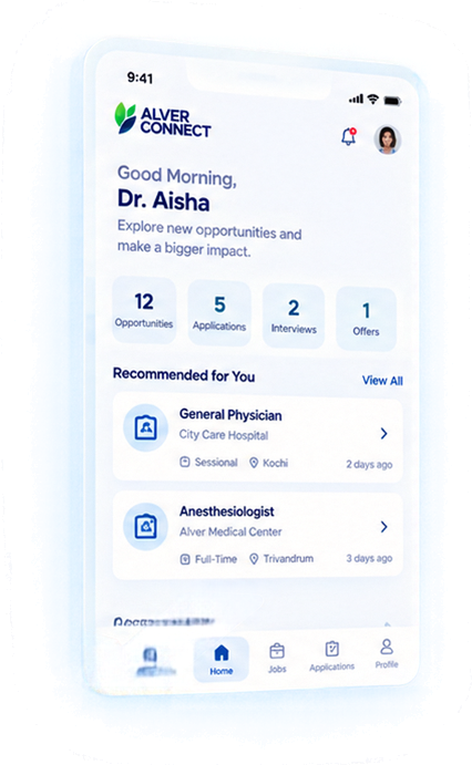 AlverConnect doctor app showing opportunities and applications